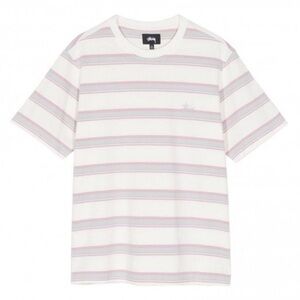 Stüssy Harbour Stripe Crew T-shirt Pink Gray Short Sleeve Embroidered-Medium